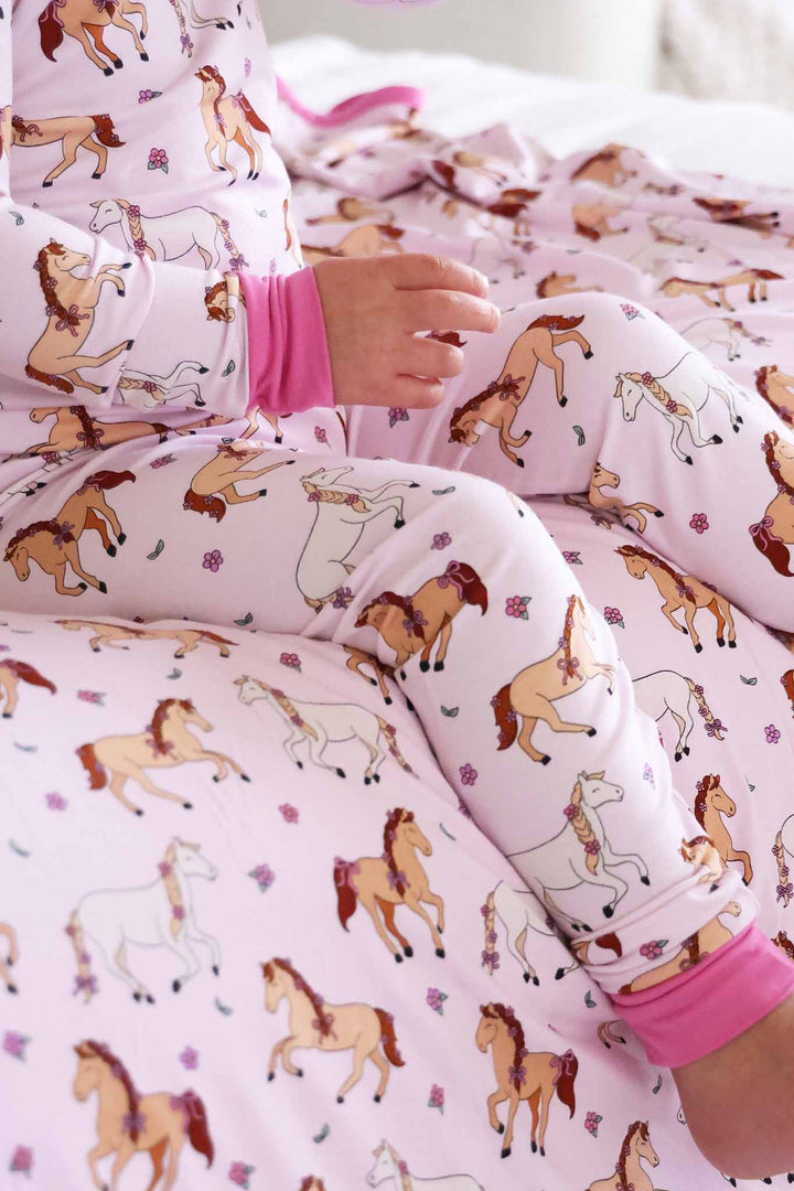 long sleeve and pant two piece pajama set with horses 