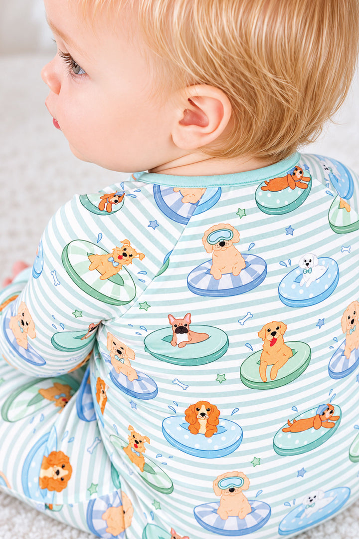 closeup of blue poolside pups zip romper