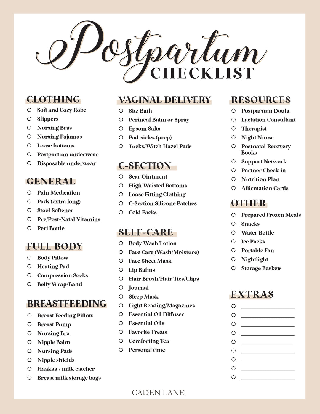 post partum delivery checklist