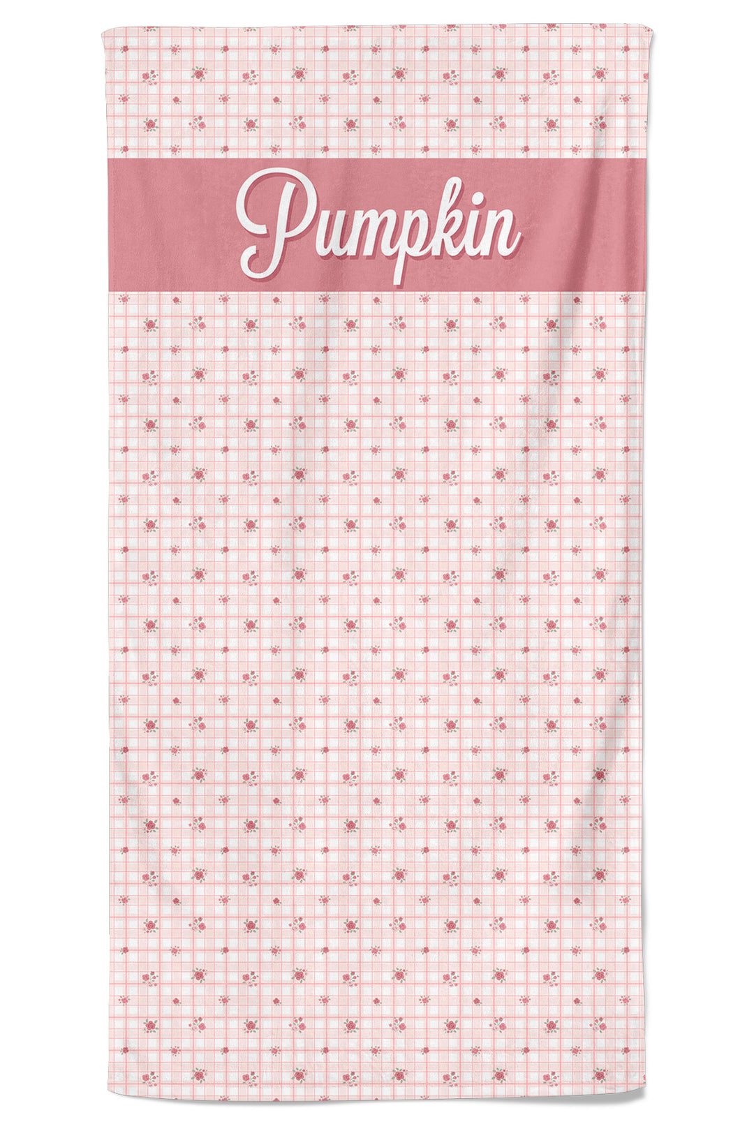 Caden Lane personalized pet towel in pink Primrose Plaid print with a small floral pattern, featuring a rose pink "Pumpkin" name banner across the top.