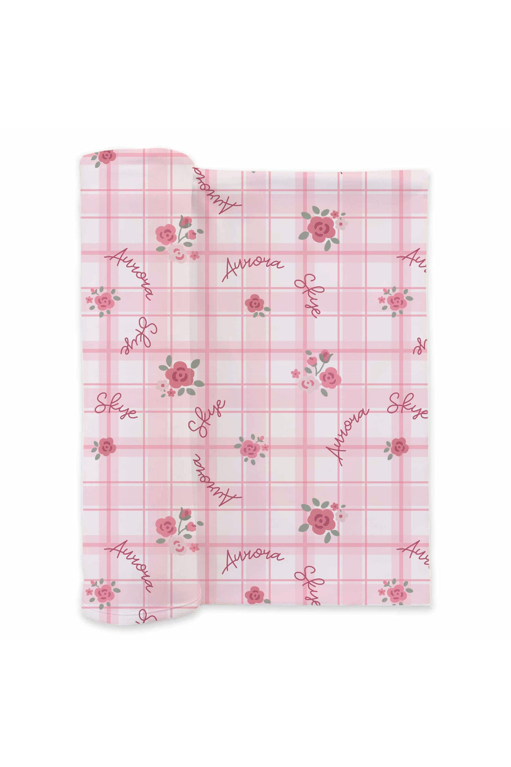 Personalized Primrose Plaid swaddle blanket mockup unrolled