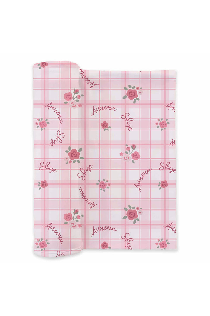 Personalized Primrose Plaid swaddle blanket mockup unrolled