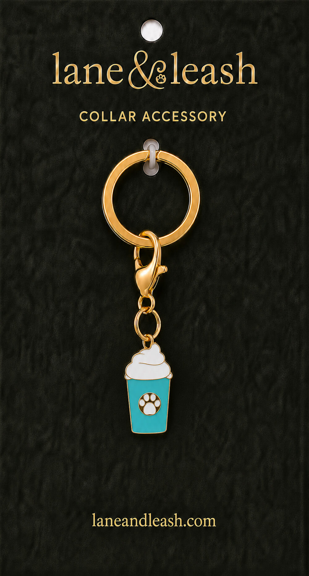 Teal pup cup Lane & Leash collar accessory charm displayed on dark green packaging card with lobster claw clasp and jump ring
