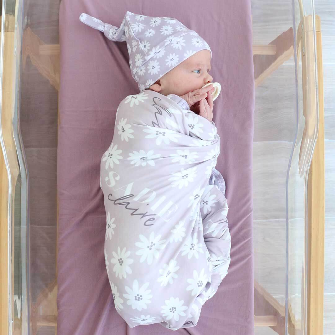 purple daisy personalized swaddle 