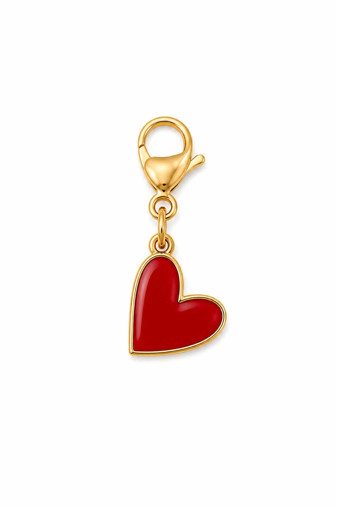 Red enamel heart pet collar charm with gold lobster claw clasp on white background