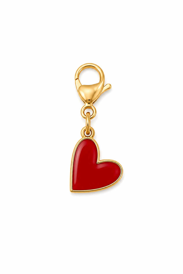 Red enamel heart pet collar charm with gold lobster claw clasp on white background