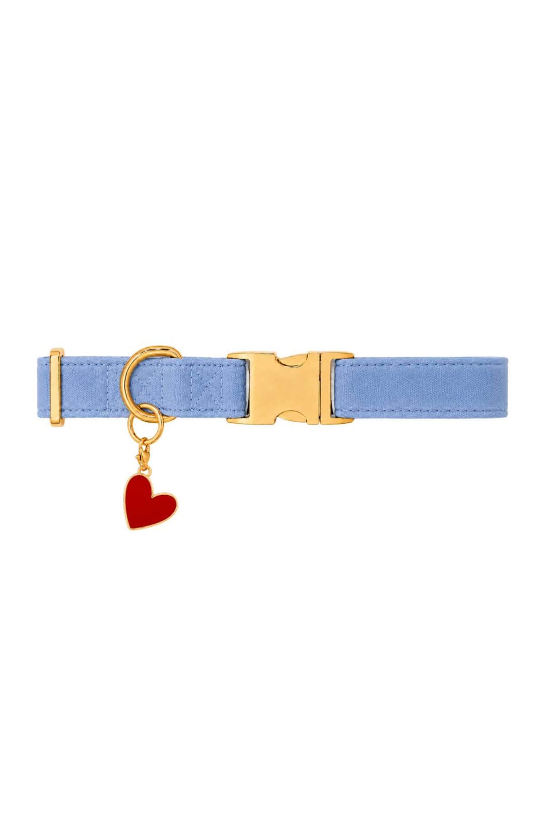 Blue denim pet collar with a red enamel heart charm attached, shown on white background