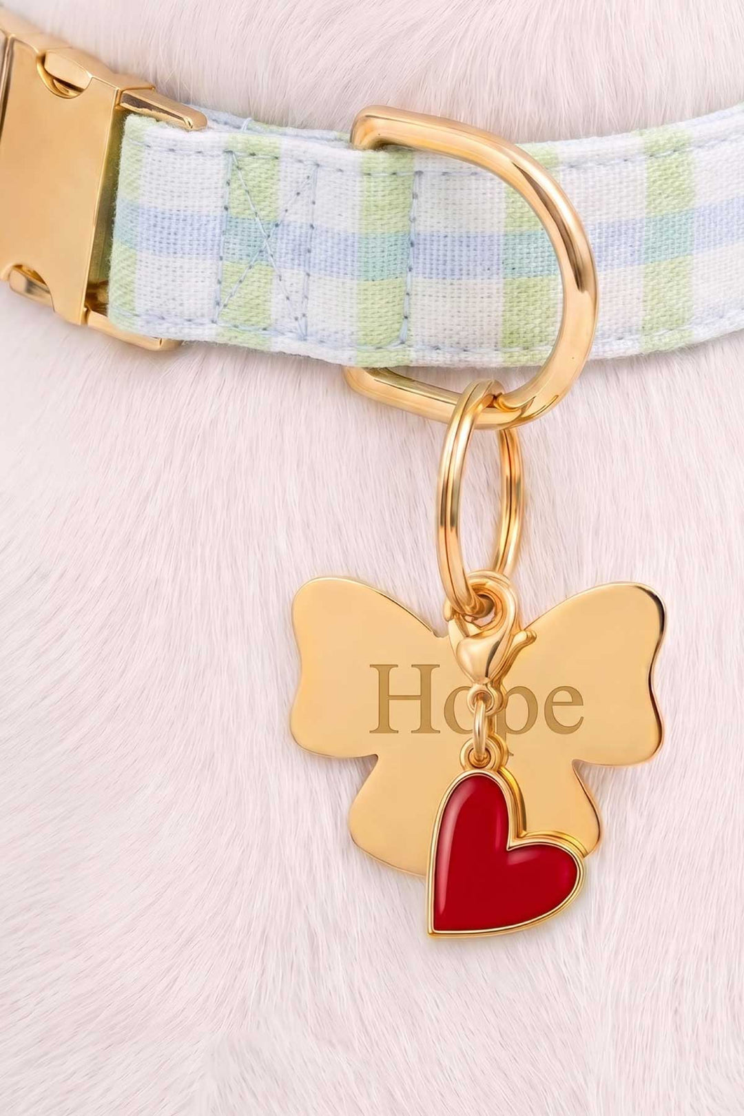 picnic plaid collar with bow id tag and heart charm