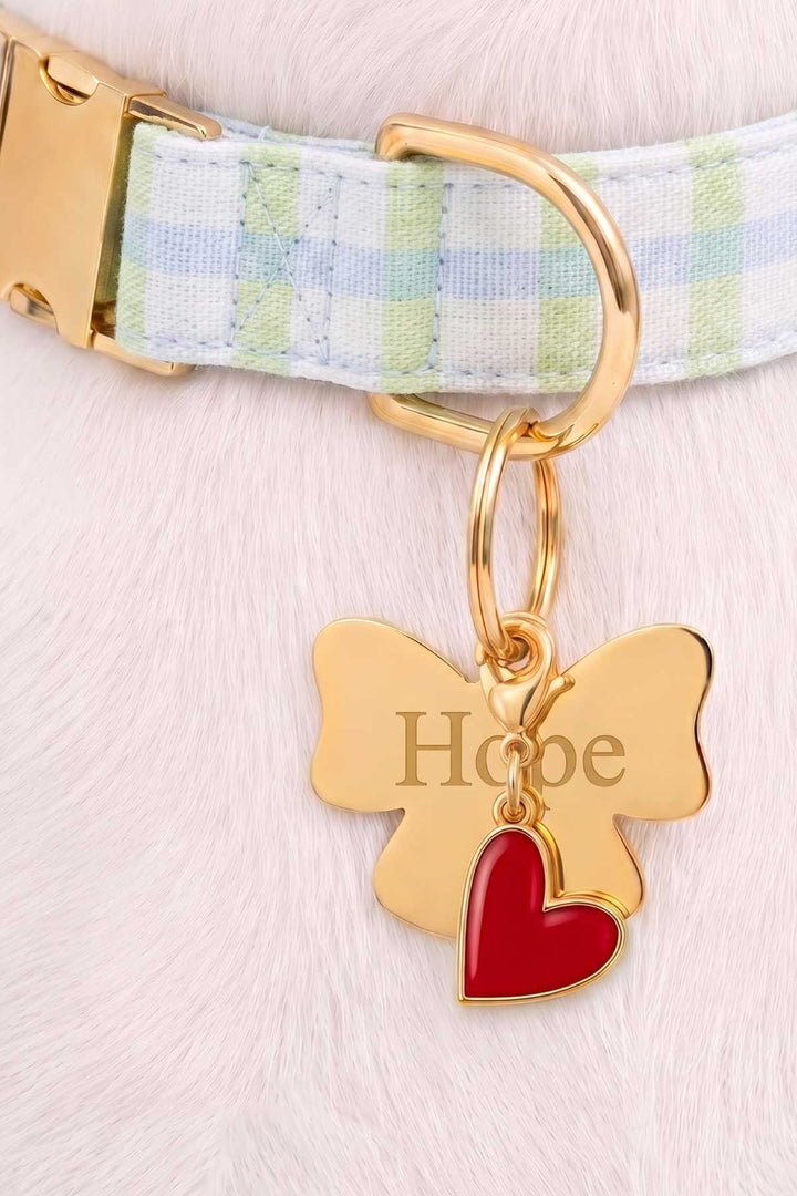picnic plaid collar with bow id tag and heart charm