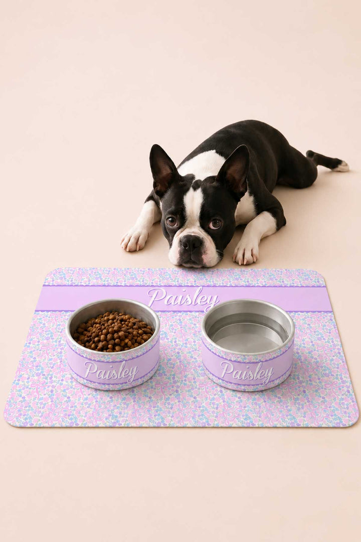 ribbon garden pet bowls and placemat with dog