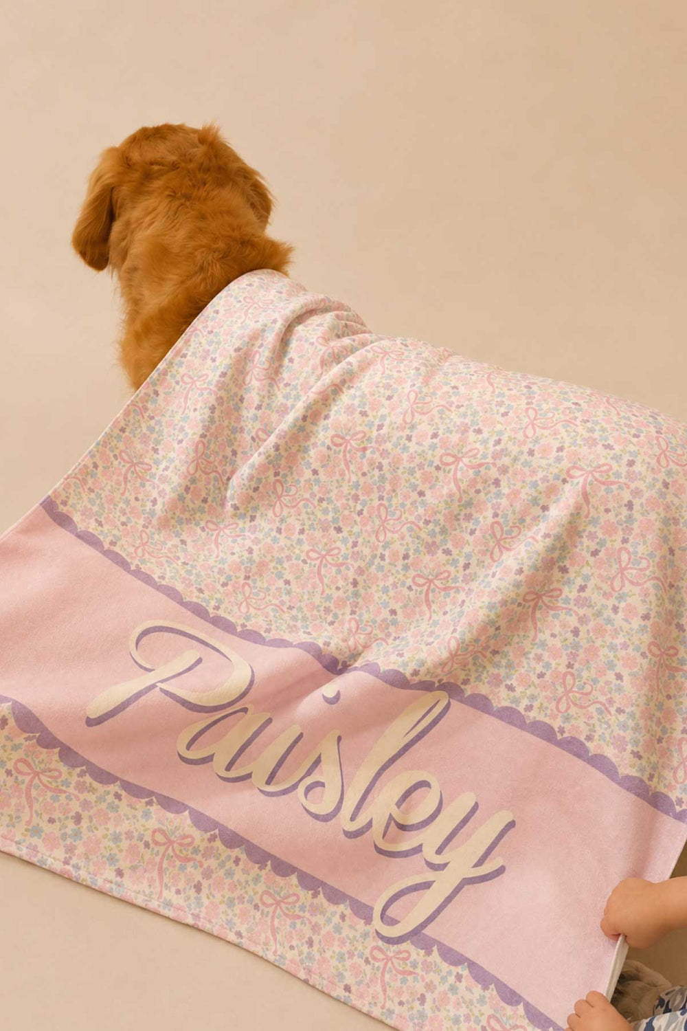 A golden retriever puppy sitting on a Ribbon Garden pet towel personalized with the name "Paisley", being gently held by a person, on a warm beige studio background