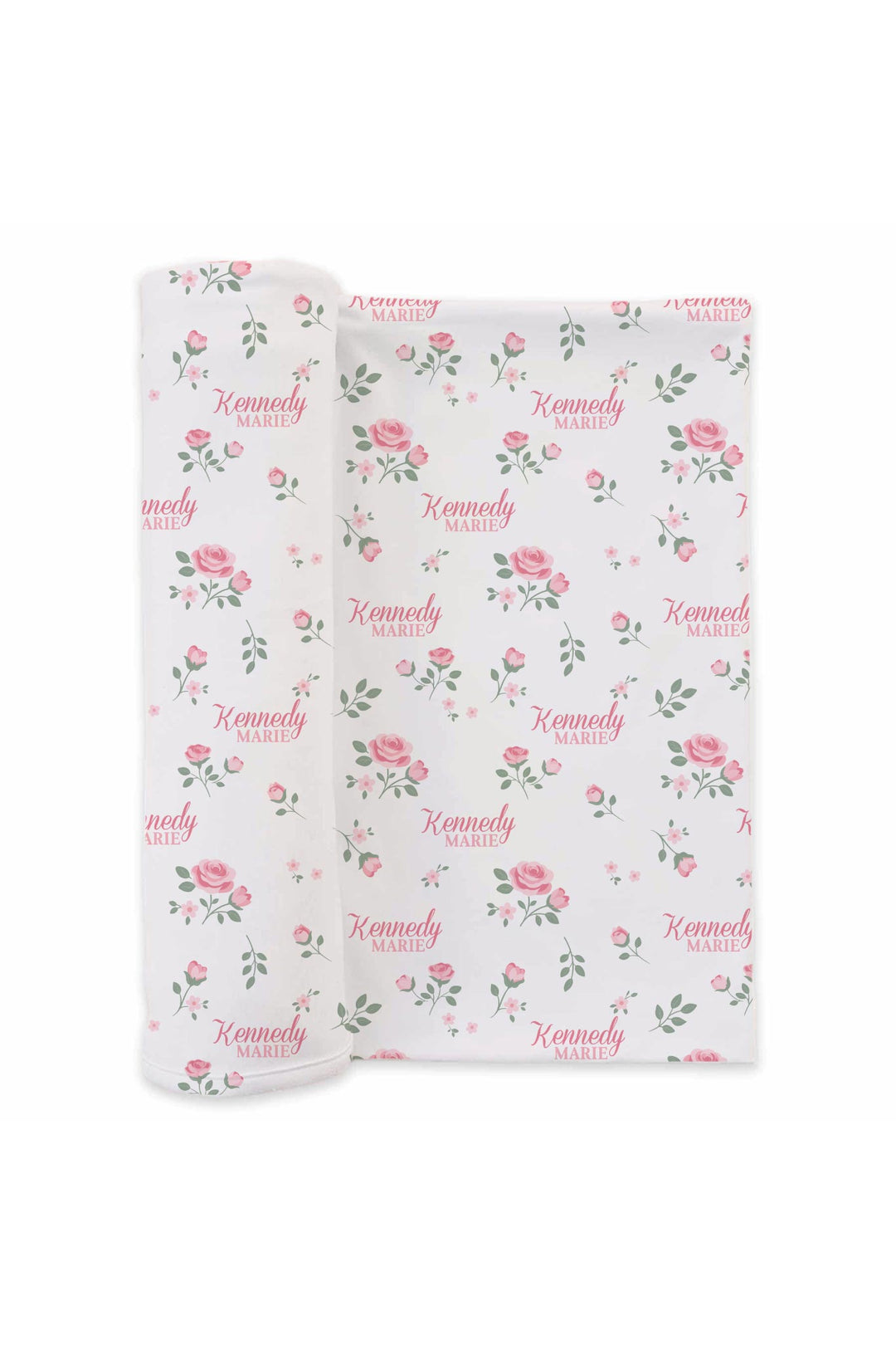 Caden Lane personalized baby swaddle blanket, Rose Garden White floral pattern with custom name, folded and rolled