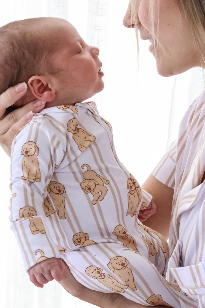caden lane zipper footie with golden retriever print for babies