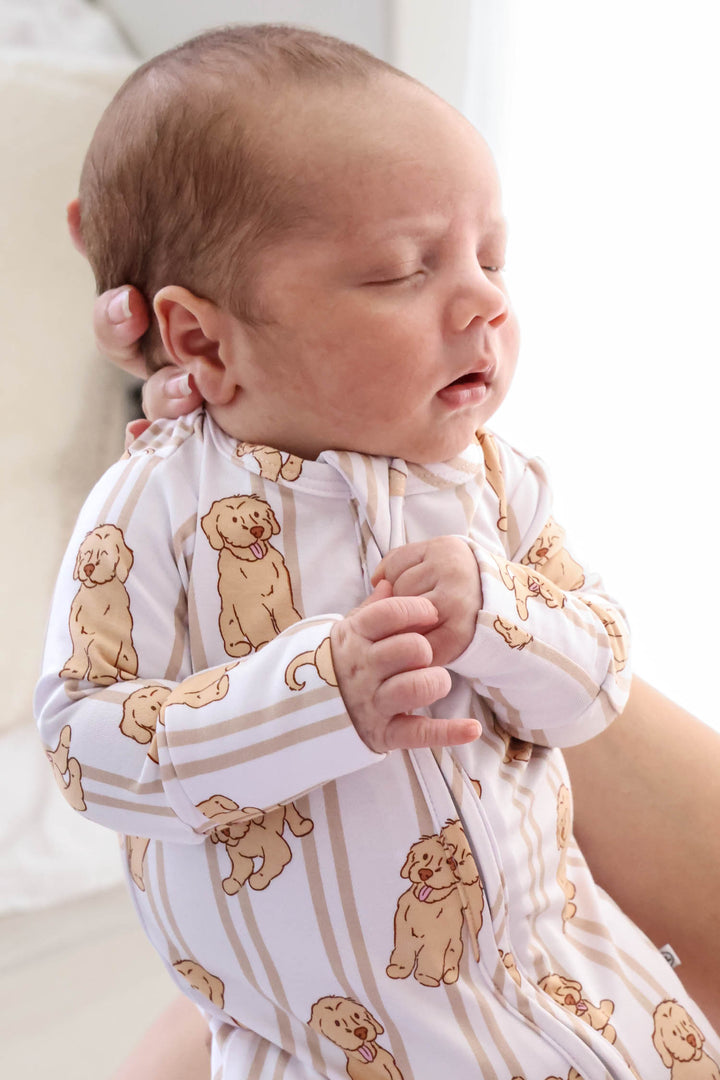 caden lane ruff life zipper footie – golden retriever and lab design for newborns
