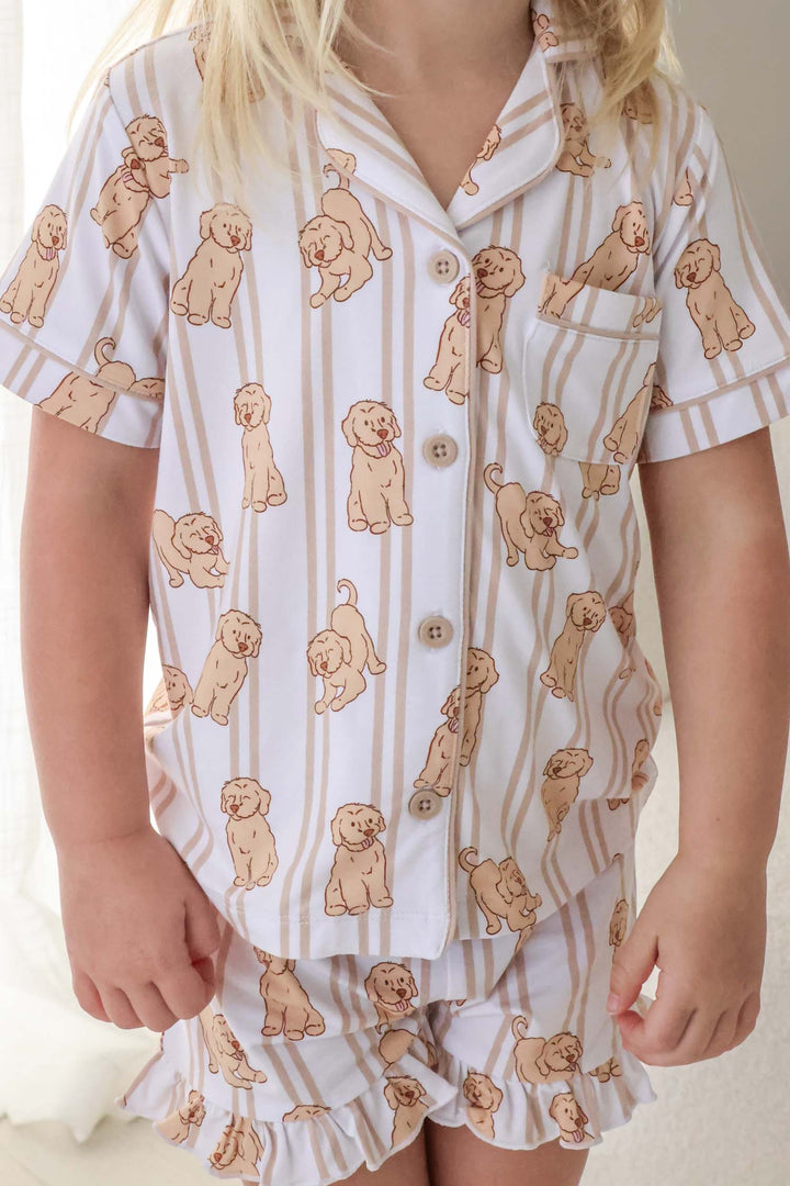 caden lane girl's short lounge set featuring golden retriever and lab print – ruff life