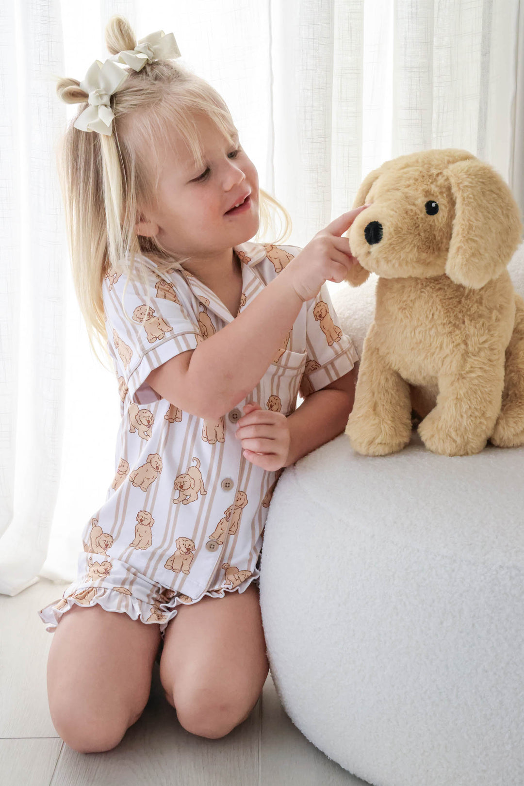 caden lane girl's two piece short lounge set with golden retriever print – mommy and me