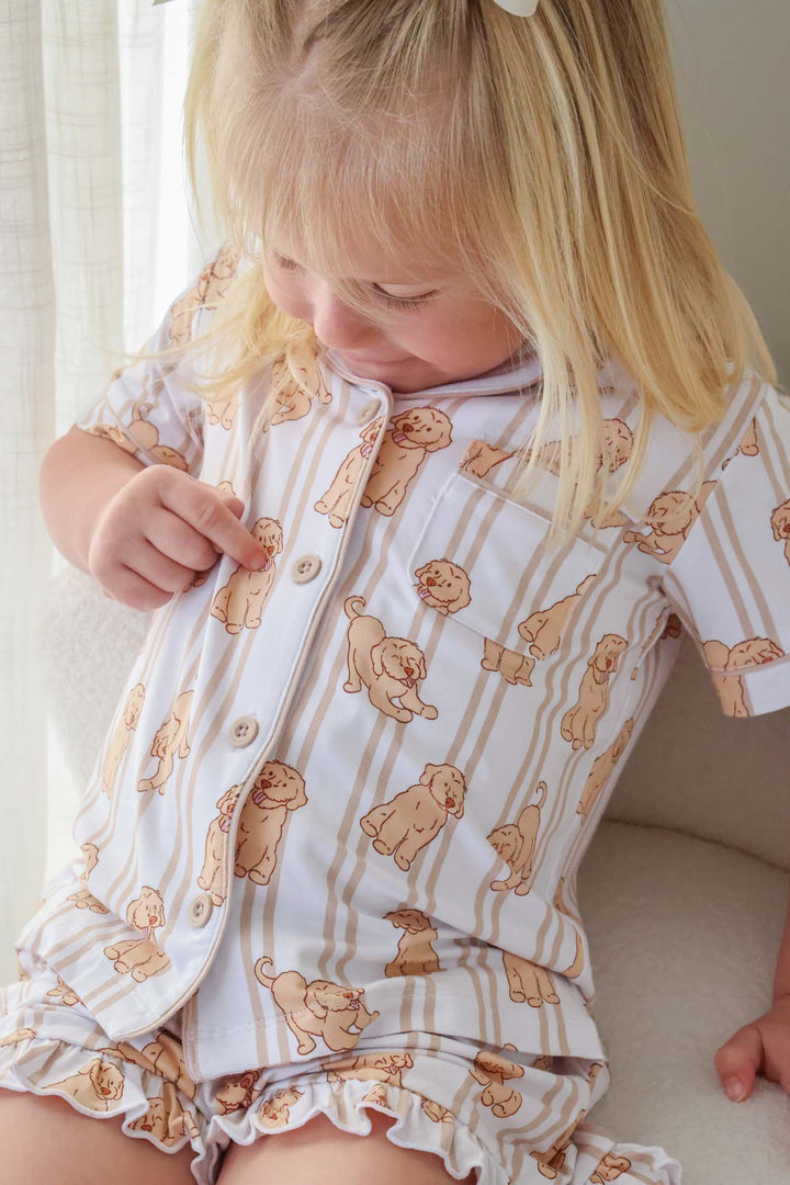 caden lane girl's two piece short lounge set with dog print – mommy and me
