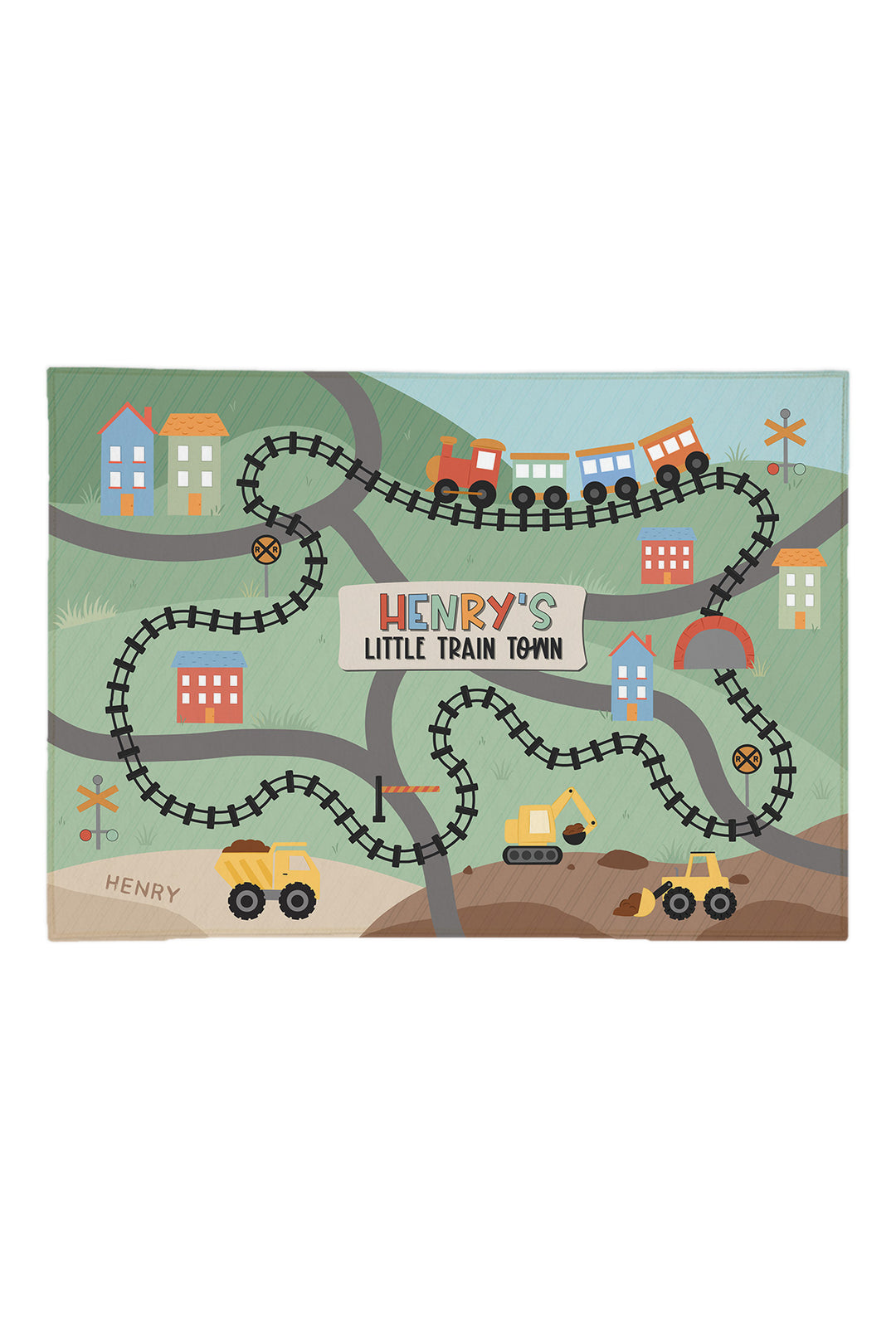 Caden Lane personalized 5x7 train play rug with tracks, roads, trucks and a town, reading "Henry's Little Train Town"
