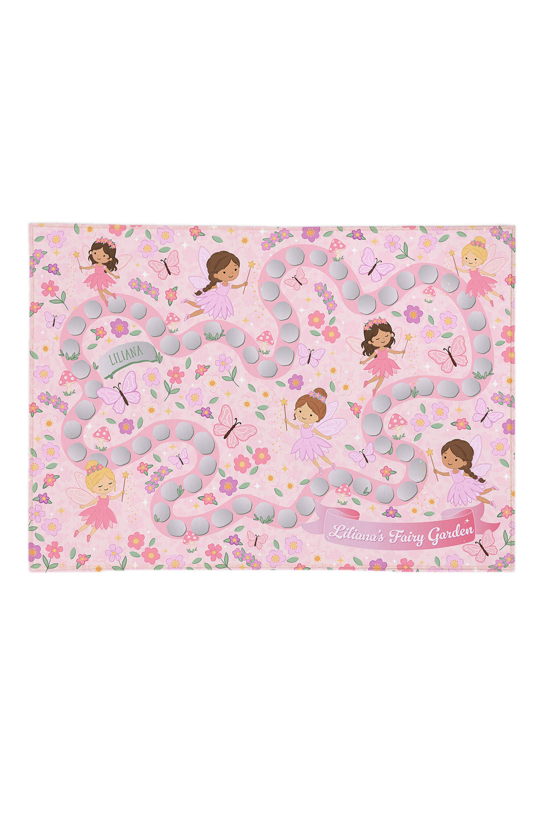 Caden Lane personalized 5x7 fairy play rug with fairies, butterflies and a stone path, reading "Liliana's Fairy Garden"
