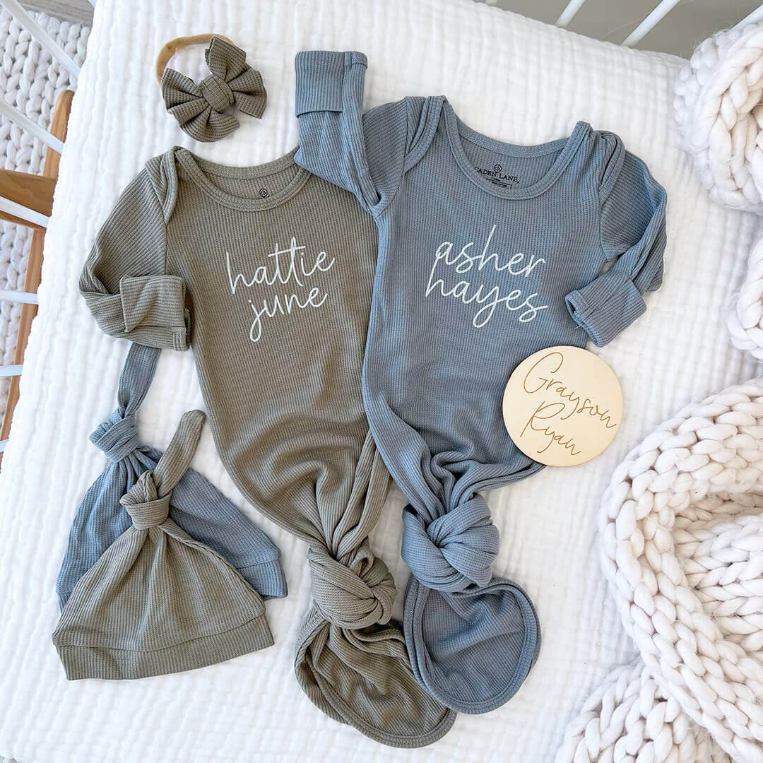 personalized knot gown and hat set nature neutrals