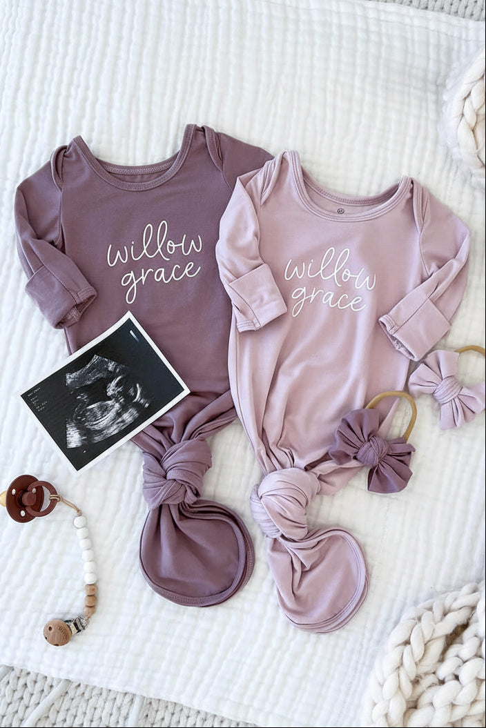 Personalized Bamboo Newborn Baby Knot Gown | Lovely Lilac - Script