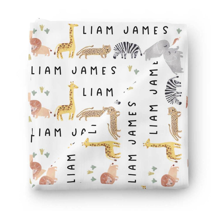 baby name swaddle blanket with safari animals
