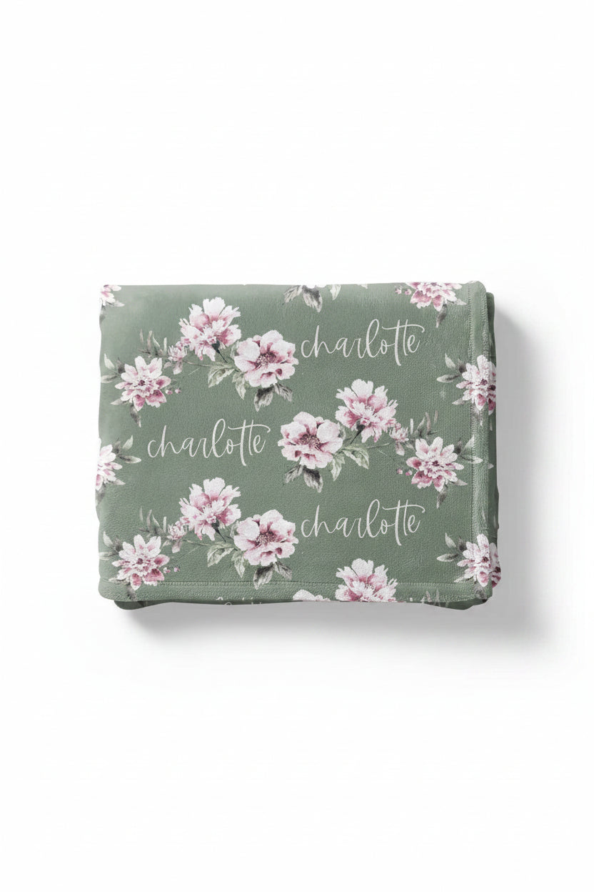 sage and blush floral personalized toddler blanket 
