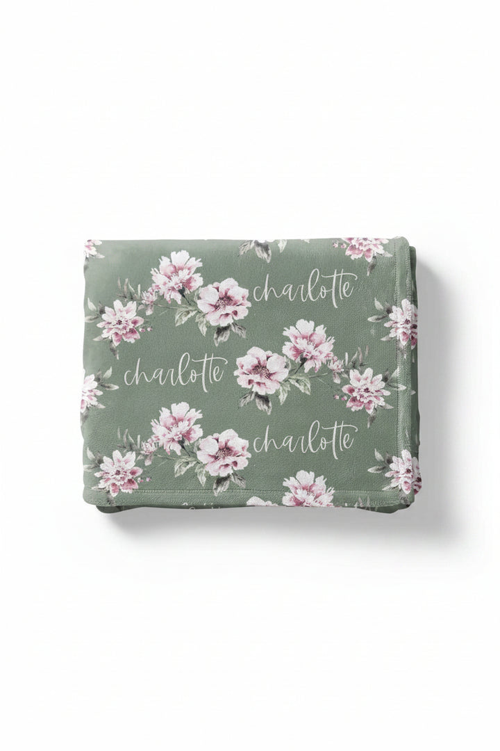 sage and blush floral personalized toddler blanket 