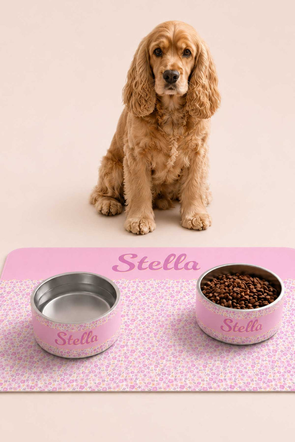 scattered blooms pet bowls with placemat and cocker spaniel