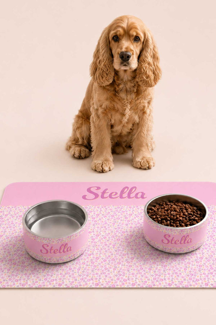 scattered blooms pet bowls with placemat and cocker spaniel