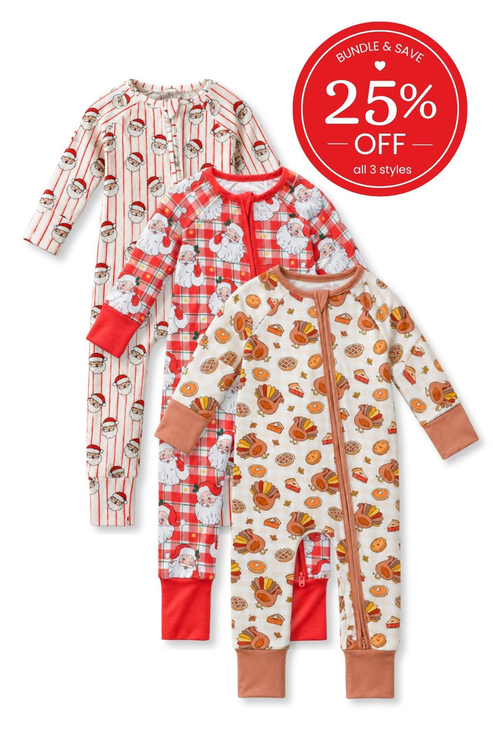 Flat lay of a Caden Lane bundle of three zip rompers in striped Santa, Santa gingham, and turkey-and-pie prints, with a badge reading “Bundle & save 25% off.”