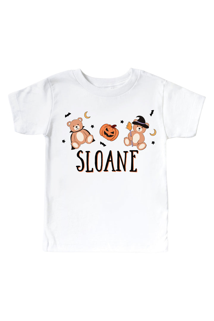 Caden Lane white t-shirt with Halloween-themed design and name 'Sloane' on a white background