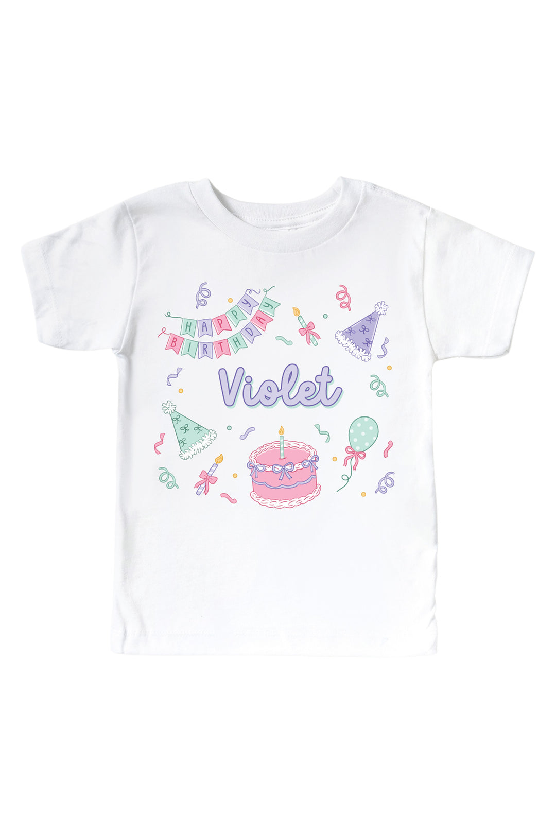 Caden Lane personalized Birthday Bash white kids' t-shirt with a pink "Happy Birthday" banner, party hats, cake, and the name "Violet" in purple.