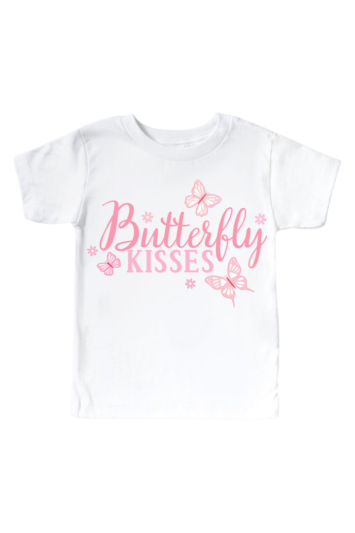 Butterfly Kisses Graphic Kids Tee in Blooming Butterflies print - white tee displayed with pink "Butterfly Kisses" script and butterfly graphics