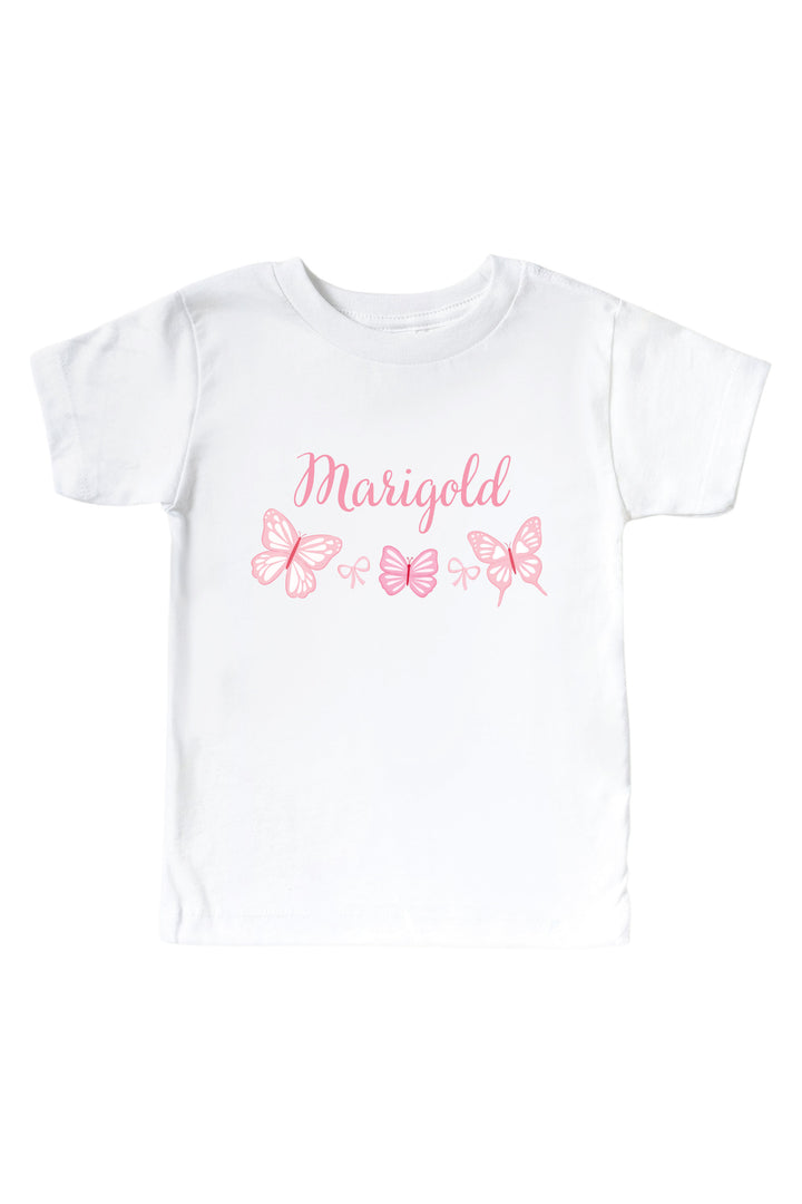 Personalized Blooming Butterflies Graphic Tee in White - white short with personalized name and pink butterfly graphic on the chest