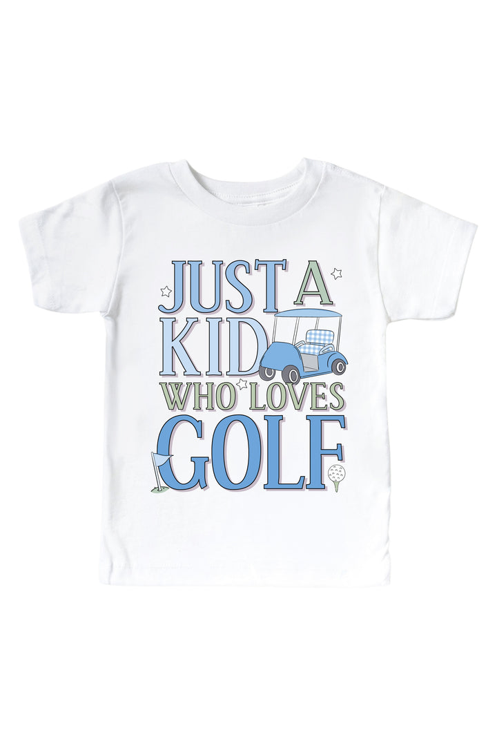 blue just a kid with golf love golf graphic kids tee in white, caddie crew, flat lay