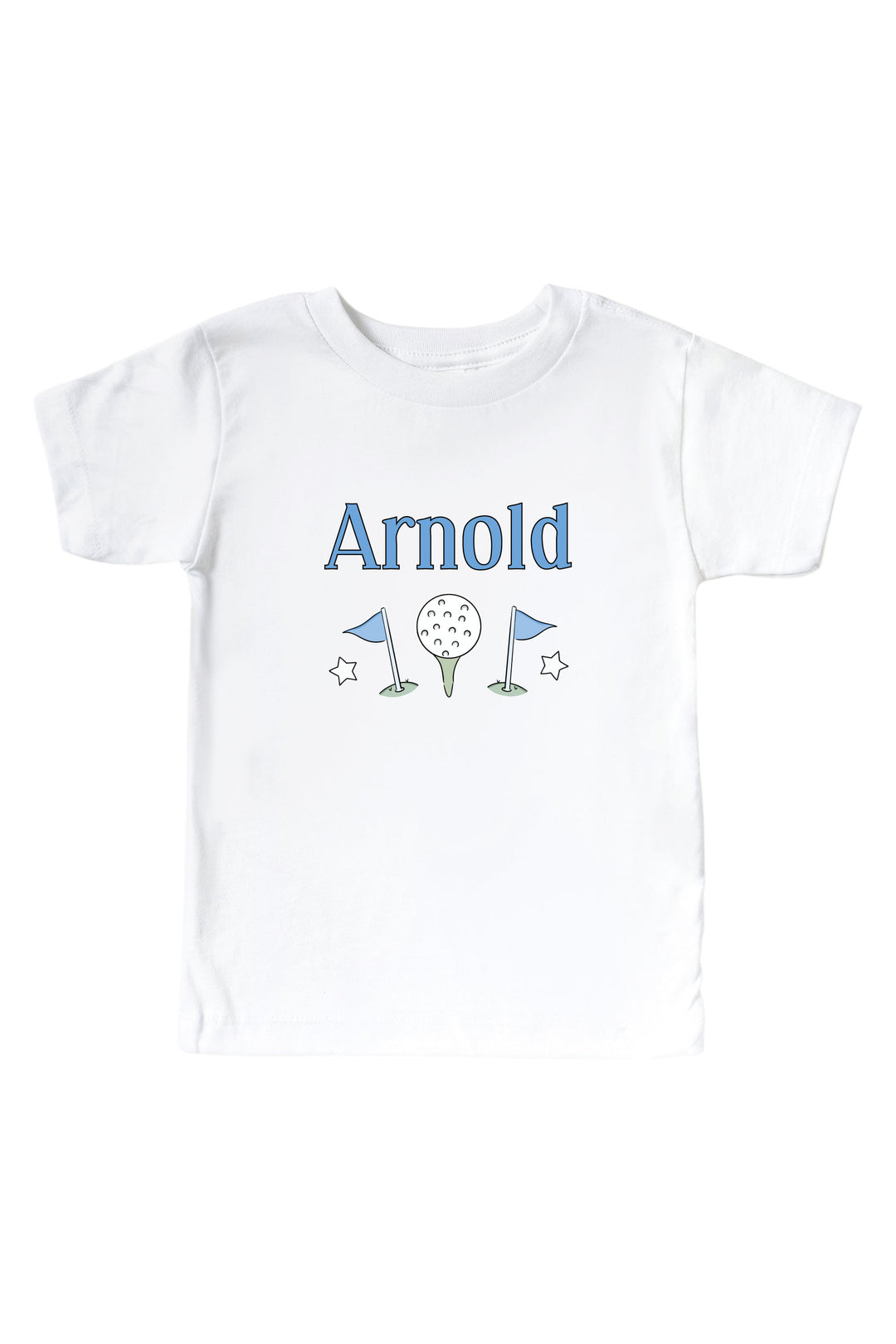 personalized blue golf graphic kids tee in white, caddie crew, flat lay