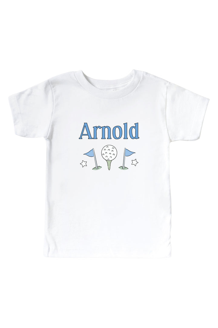 personalized blue golf graphic kids tee in white, caddie crew, flat lay