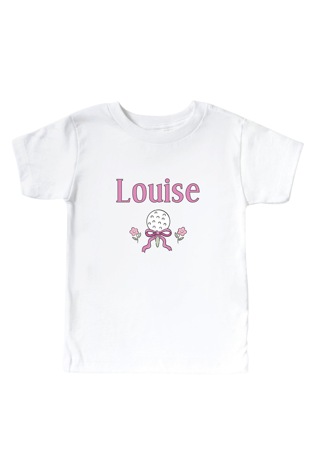 personalized pink golf graphic kids tee in white, caddie crew, flat lay