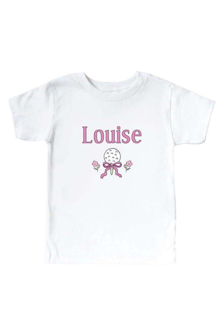 personalized pink golf graphic kids tee in white, caddie crew, flat lay