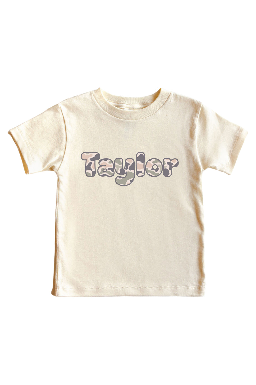 Natural cream kids graphic t-shirt with personalized camo-print name graphic on chest
