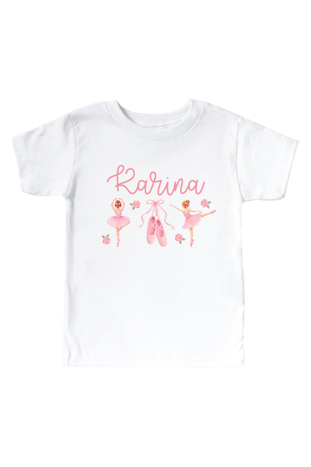 A white short-sleeve baby t-shirt featuring a pink graphic print with the name 'Rarina' in cursive, accompanied by illustrations of ballerinas, ballet slippers, and small flowers.