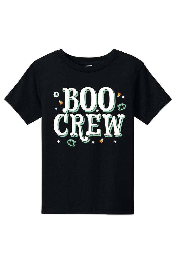 Black t-shirt with 'BOO CREW' text on a white background
