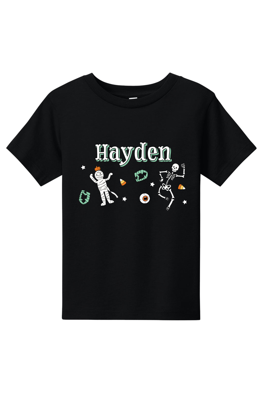 Black kids' T-shirt personalized with the name 'Hayden' and Halloween graphics including dancing skeletons, an eyeball, and candy corn.