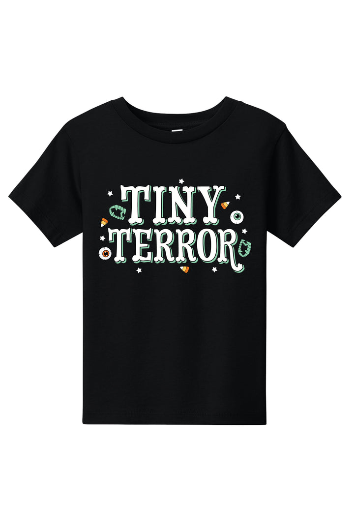 Black t-shirt with 'Tiny Terror' text on a white background