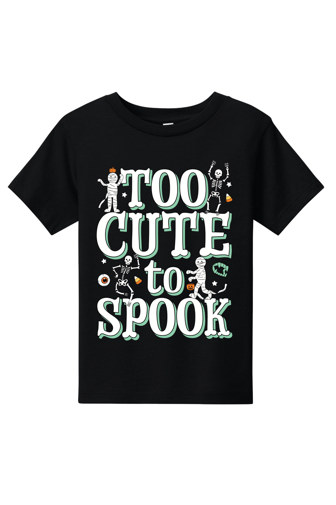 Black t-shirt with 'Too Cute to Spook' text and skeleton graphics on a white background