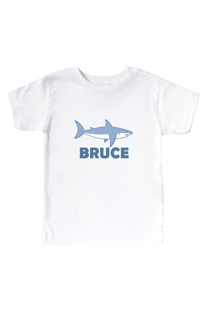 white personalized shark graphic bodysuit for babies