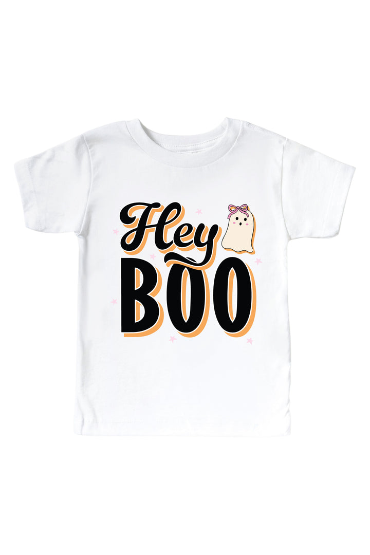 White kids' t-shirt printed with 'Hey Boo' text and a pink-bowed ghost illustration.