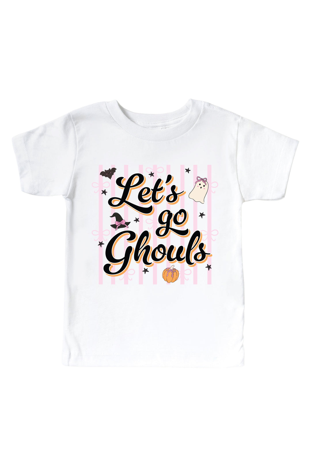 White kids' t-shirt printed with 'Let's Go Ghouls' text and Halloween graphics of a pumpkin, bat, and ghost.