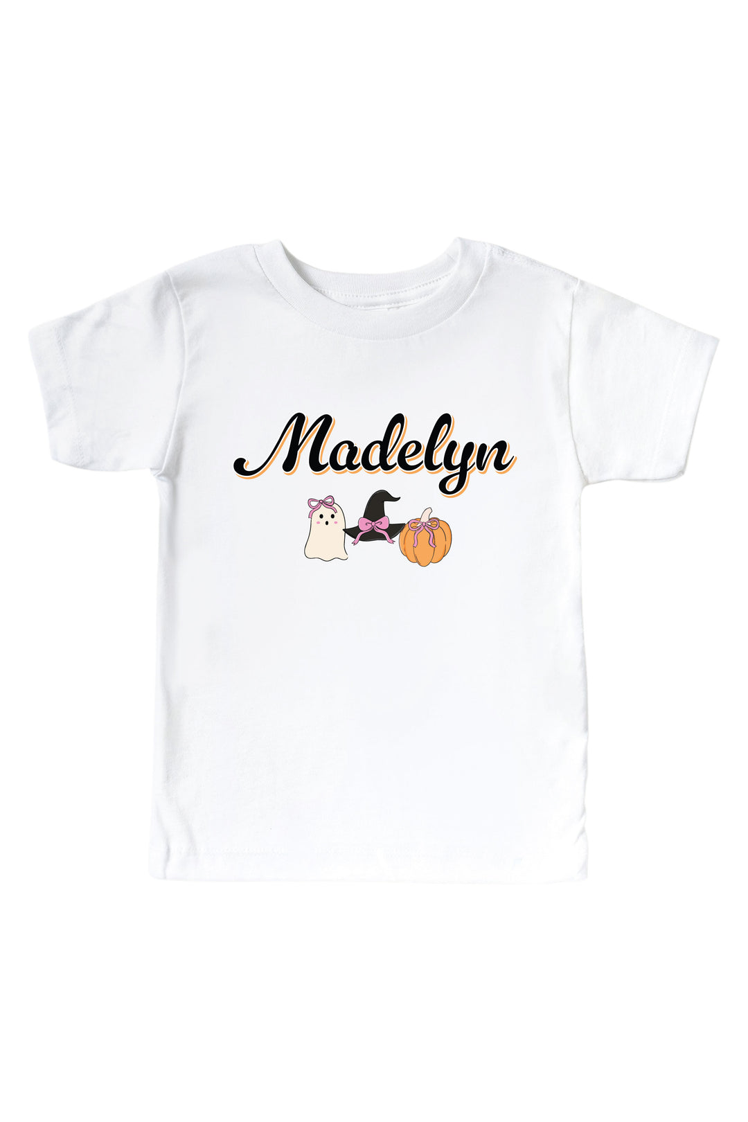 Caden Lane personalized Halloween shirts featuring a custom name in script with a ghost, witch hat, and pumpkin design — shown as a kids' t-shirt, personalized here with the name 'Madelyn'